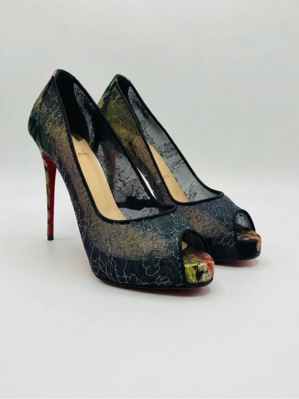 Christian Louboutin Very Prive 120 Lace Pumps Peep Toe Iridescent